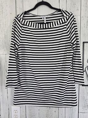 Manoukian Black & White Striped Stretch Top Size L Business Office Casual
